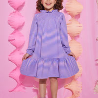Girl/tween long sleeve knit dress with purple/light pink stripes that features a ruffle neckline with a single button closure at back of neck and elastic cuffs at end of sleeves.