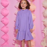 Girl/tween long sleeve knit dress with purple/light pink stripes that features a ruffle neckline with a single button closure at back of neck and elastic cuffs at end of sleeves.