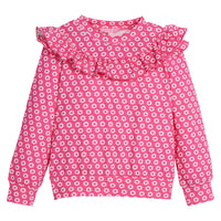 Girls/Tween knit top in our Bougainvillea light pink/hot pink floral. Top features ruffles along the bust area which continue along the backside as well. Material is super stretchy and lightweight for a comfortable fit-BISBY
