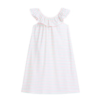 tween girls cotton shift dress with pink and aqua stripes with ruffles neckline
