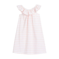 tween girls cotton shift dress in pink and rust stripes with ruffle neckline