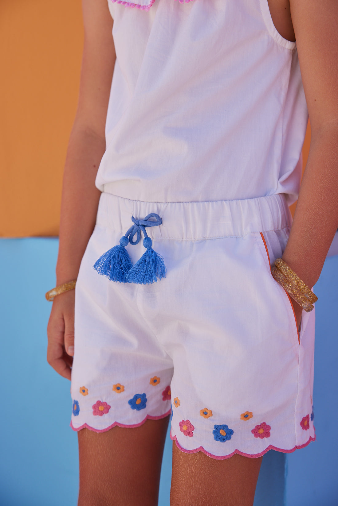 white floral embroidered scalloped scallop shorts with tassel detail for girls and tweens mexican style embroidery