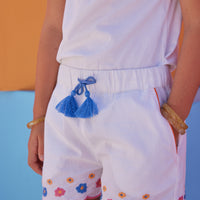 white floral embroidered scalloped scallop shorts with tassel detail for girls and tweens mexican style embroidery
