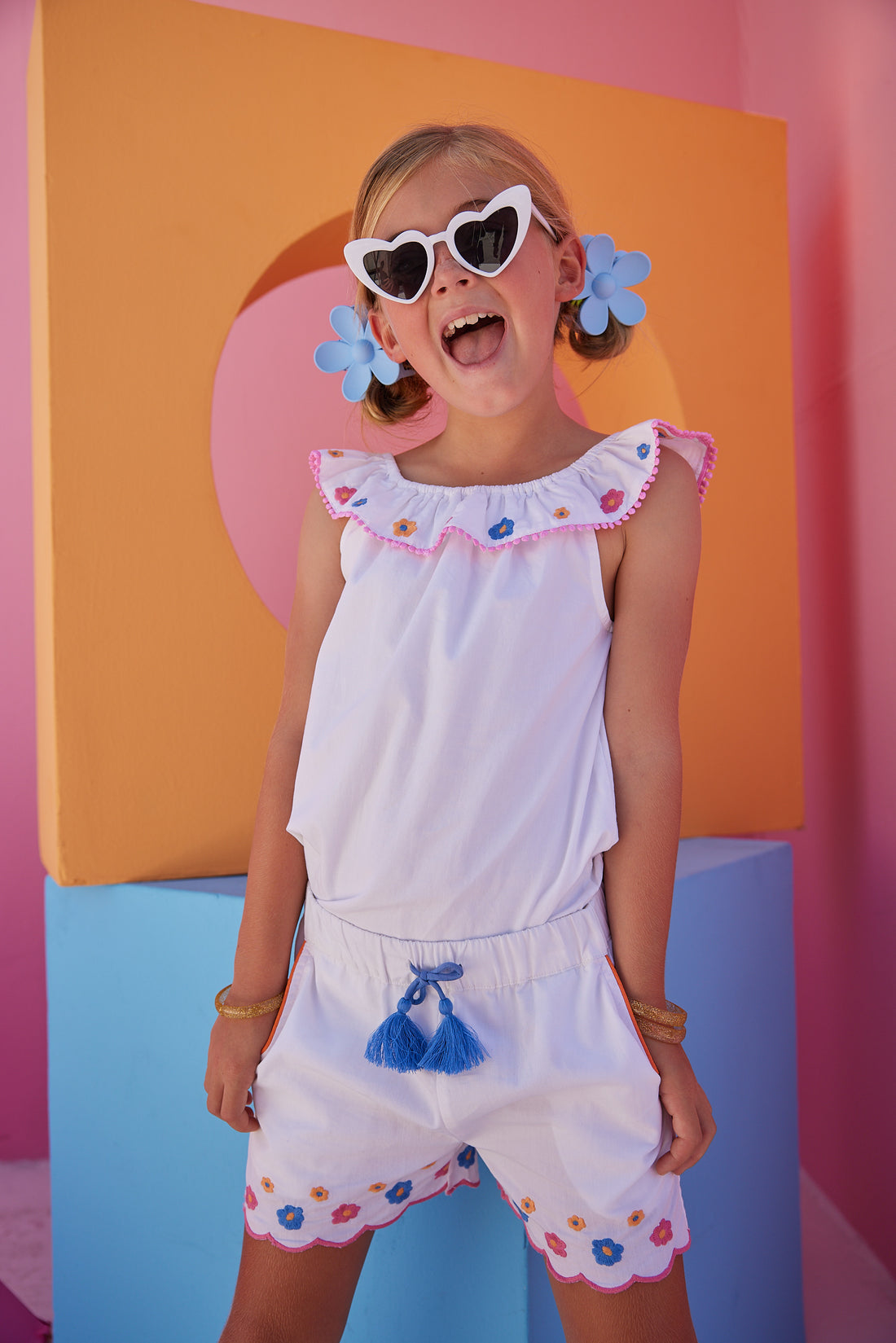 coordinating white floral embroidered ruffle tank and short set for girls and tweens by bisby
