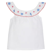 tween girls white tip with embroidered and pom pom trim neckline