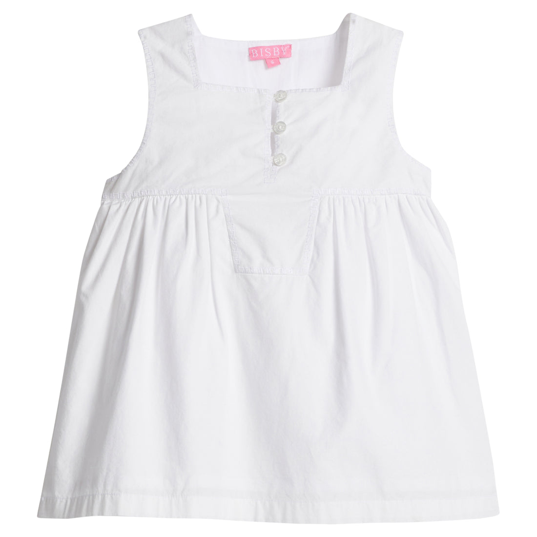 Girls/Tween tank top in white that is made of a lightweight and soft woven material. Top features three buttons along neckline for a secure fit and also features a keystone detail for an elevated look.
