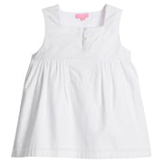 Girls/Tween tank top in white that is made of a lightweight and soft woven material. Top features three buttons along neckline for a secure fit and also features a keystone detail for an elevated look.