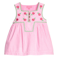 BISBY girl woven tank top in a bubblegum pink color. Top features button closure along front, pink and green floral embroidery at top of shirt, and green embroidered piping detail for an elevated look.