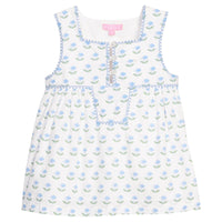 BISBY girl woven tank top in a white/blue/green floral print. Top features button closure along front, blue and green floral printed all over shirt, and blue embroidered piping detail for an elevated look.