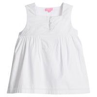 Girls/Tween tank top in white that is made of a lightweight and soft woven material. Top features three buttons along neckline for a secure fit and also features a keystone detail for an elevated look.