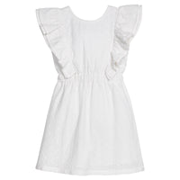 BISBY girl woven white embroidered dress. Dress features angel sleeves, elastic waistband, and elastic strap at back for a secure but relaxed fit.