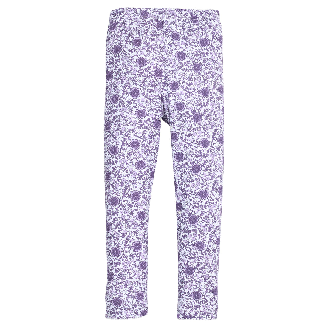 Girls purple floral knit leggings that feature an elastic waistband and white stitching detail at end of legs for an elevated look.