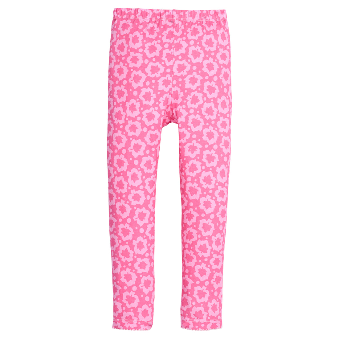 Girls/tween hot pink and light pink floral leggings that feature an elastic waist and white stitch detail at trim of legs  to elevate the look.
