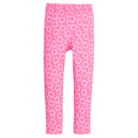 Girls/tween hot pink and light pink floral leggings that feature an elastic waist and white stitch detail at trim of legs to elevate the look.