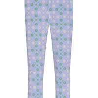 Our leggings are back in our Seville Azul pattern. They have green and a cream colored flower pattern forming little diamonds printed onto a purple legging--BISBY girl