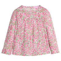 Girls pink and green floral patterned long-sleeve woven top that features button closures at back and pleating detail at bust for an elevated look.