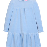 Girls/tween velour long sleeve dress in a periwinkle blue that features button closures at back and pleating detail along tiers for an elevated look.