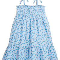 BISBY girl/tween dress featuring our Blue Ripple print. It has fixed ties on the shoulders for an elevated look and ruching along the bust for a flowy and stretchy comfortable fit!