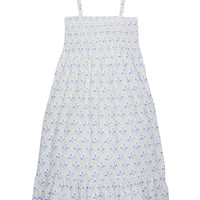 Tween dress with faux tie straps that has ruching across bust that has a green and blue floral print on top of white background.