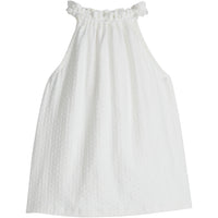Girls/Tween sleeveless top in a white pointelle. Top features a halter neckline that is elastic so it is comfy and stretchy and also has button closure along back for a secure but relaxed fit.