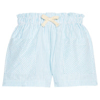 BISBY girl woven patch pocket shorts in an aqua/white stripe seersucker fabric. Shorts feature a faux tie, elastic waistband, and two pockets in the front for an elevated fit.