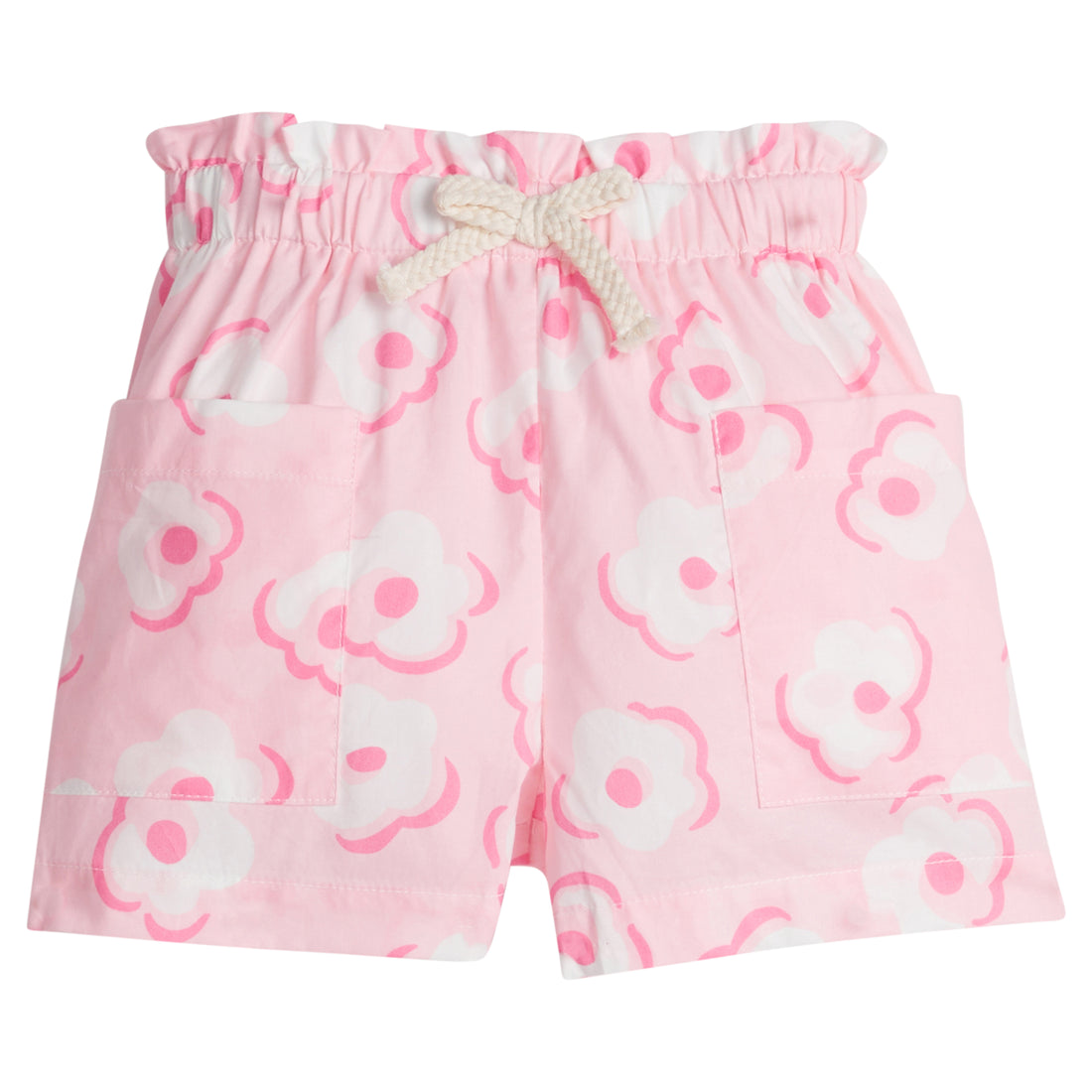 Girls/Tween woven shorts in a big pink/hot pink/white floral print. Shorts feature an elastic waistband with a fixed tie at waist and two pockets in the front of shorts.