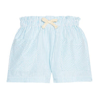 BISBY girl woven patch pocket shorts in an aqua/white stripe seersucker fabric. Shorts feature a faux tie, elastic waistband, and two pockets in the front for an elevated fit.