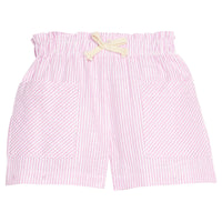 BISBY girl woven patch pocket shorts in an pink/white stripe seersucker fabric. Shorts feature a faux tie, elastic waistband, and two pockets in the front for an elevated fit.