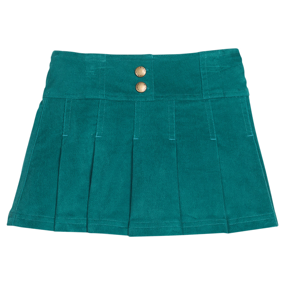 Girls/tween pleated green velvet skort with two faux gold buttons. Skort features an elastic waistband and built in shorts for a relaxed but secure fit.