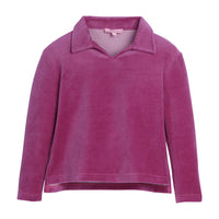 Girls/Tween pullover in our Magenta Velour. Pullover has a slight v-neck neckline and a collar. Fabric is a super soft velour for a comfy and relaxed fit-BISBY