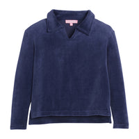 Girls/Tween pullover in our Navy Velour. Pullover has a slight v-neck neckline and a collar. Fabric is a super soft velour for a comfy and relaxed fit-BISBY