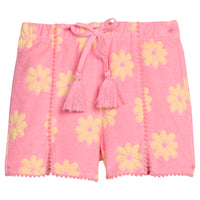 BISBY girl knit terry shorts in bubblegum pink/yellow floral print. Shorts feature pink pom pom detail along front of short and faux tie tassel for an elevated look.