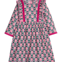 Girls/tween woven 3/4 length sleeve dress in a green/pink floral pattern. Dress features button closures at back, ruffle detail along outside of bust, and a cranberry velvet trim detail along ruffles and sleeve ends to elevate the look.