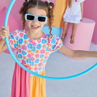 Pink and Orange Color blocked dress with vibrant flower pattern on top