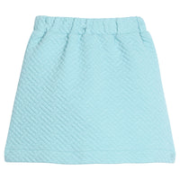 Girls/tween quilted mini skort in aqua that features an elastic waistband and built in shorts for a secure but relaxed fit.