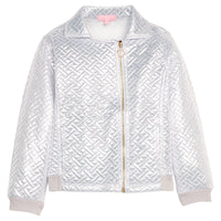 Girls/tween silver quilted jacket with a gold zipper and functional pockets.