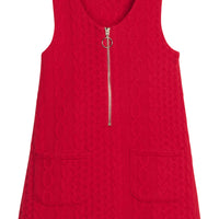 Girls/tween cable knit jumper in cherry red that features functional pockets in front of jumper and gold quarter zip sweater for an elevated look.