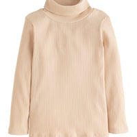 Girl/Tween ribbed turtleneck in our oatmeal color. Turtleneck is a thick knit fabric with ribbed texture detail-BISBY