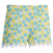 Girls/Tween knit shorts in a yellow/green/aqua floral print. Shorts feature an elastic waistband for a comfy fit and also have a gorgeous white ric rac detail along bottom.