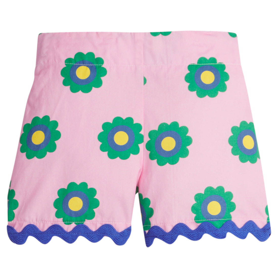 Girls/Tween woven shorts in a yellow/green/royal blue floral print. Shorts have a gorgeous royal blue ric rac detail along bottom for a fun complete look.