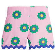 Girls/Tween woven shorts in a yellow/green/royal blue floral print. Shorts have a gorgeous royal blue ric rac detail along bottom for a fun complete look.