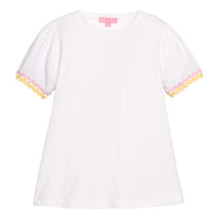 BISBY girl basic white tee with pink and yellow ric rac detailing at sleeves.