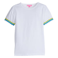 Girl/Tween white basic t-shirt that has zest green and aqua ric-rac pattern along bottoms of sleeves.