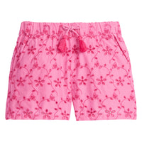 BISBY girl/tween shorts with pockets and an elastic waistband with fixed tie/tassles. Shorts also contain a beautiful eyelet embroidery in the hot pink