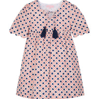 tween girls pink and navy geo print dress with scalloped sleeves and navy tassels