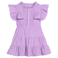 Girls/tween corduroy dress in Lavendar that features button closures at front, angel sleeves, and tier details for an elevated look.