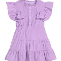 Girls/tween corduroy dress in Lavendar that features button closures at front, angel sleeves, and tier details for an elevated look.