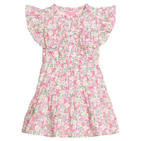 BISBY girl woven dress in a hot pink/pink/green floral print. Dress features big angel sleeves, button closure down front, and tier details for an elevated look.