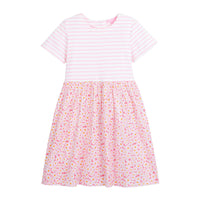 tween girls pink and white striped dress with pink floral skirt