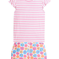 pink striped shirt and floral shorts for little girls